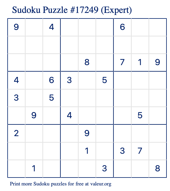 Free Printable Expert Sudoku Puzzle number 17249