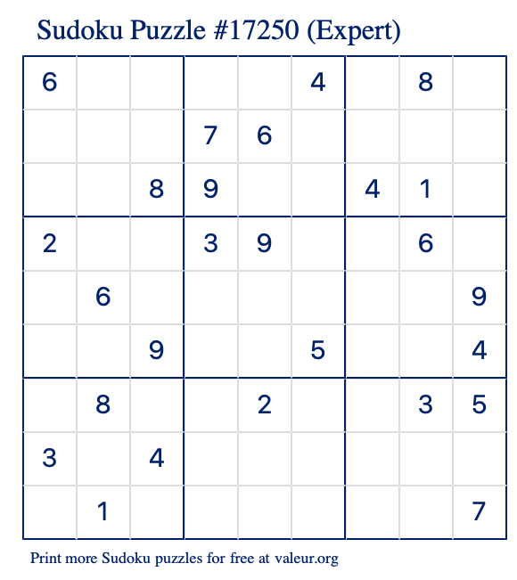 Free Printable Expert Sudoku Puzzle number 17250