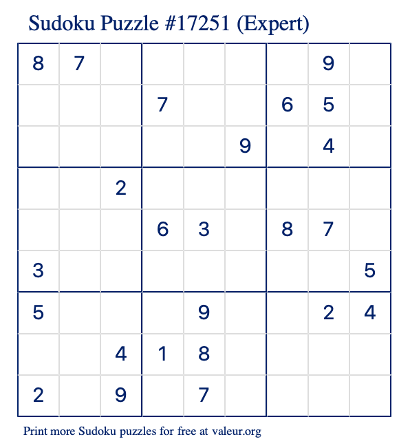 Free Printable Expert Sudoku Puzzle number 17251