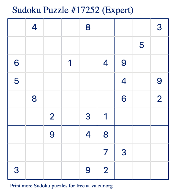 Free Printable Expert Sudoku Puzzle number 17252