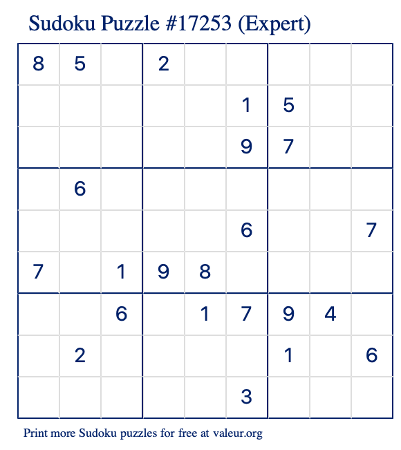 Free Printable Expert Sudoku Puzzle number 17253