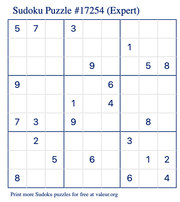 Free Printable Expert Sudoku Puzzle number 17254