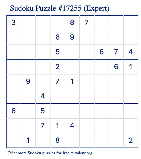 Free Printable Expert Sudoku Puzzle number 17255