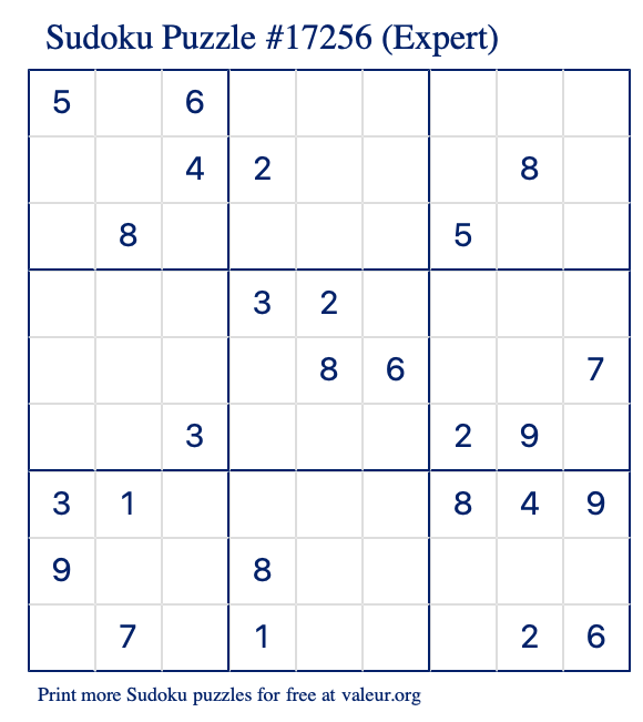 Free Printable Expert Sudoku Puzzle number 17256