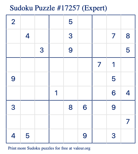 Free Printable Expert Sudoku Puzzle number 17257