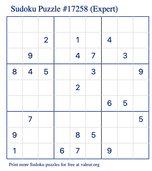 Free Printable Expert Sudoku Puzzle number 17258