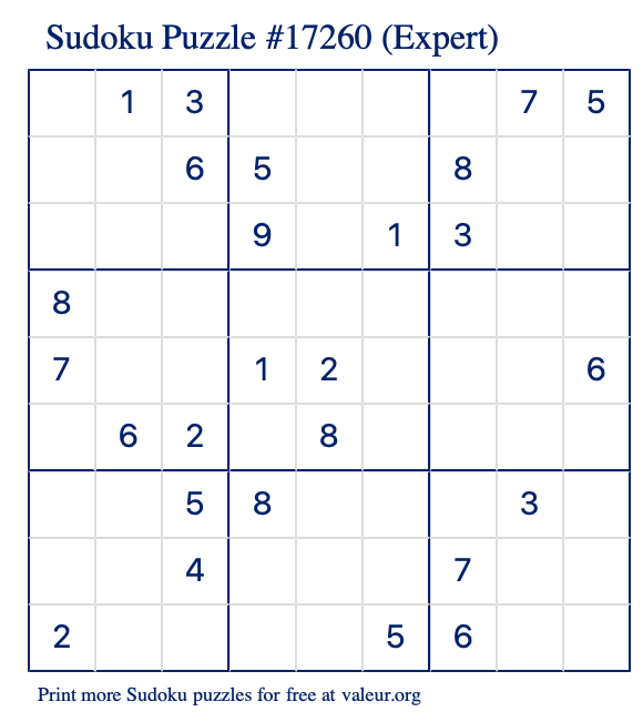 Free Printable Expert Sudoku Puzzle number 17260