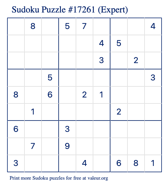 Free Printable Expert Sudoku Puzzle number 17261