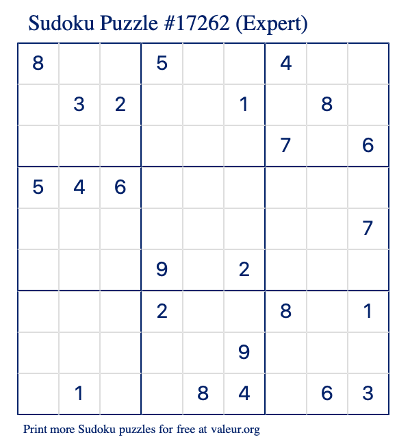 Free Printable Expert Sudoku Puzzle number 17262