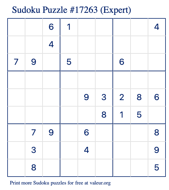 Free Printable Expert Sudoku Puzzle number 17263