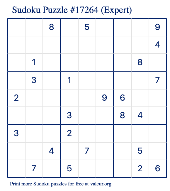 Free Printable Expert Sudoku Puzzle number 17264