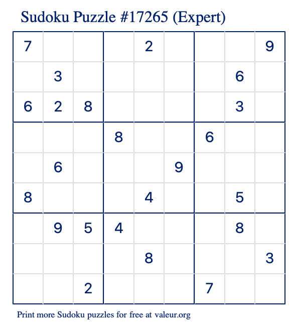 Free Printable Expert Sudoku Puzzle number 17265