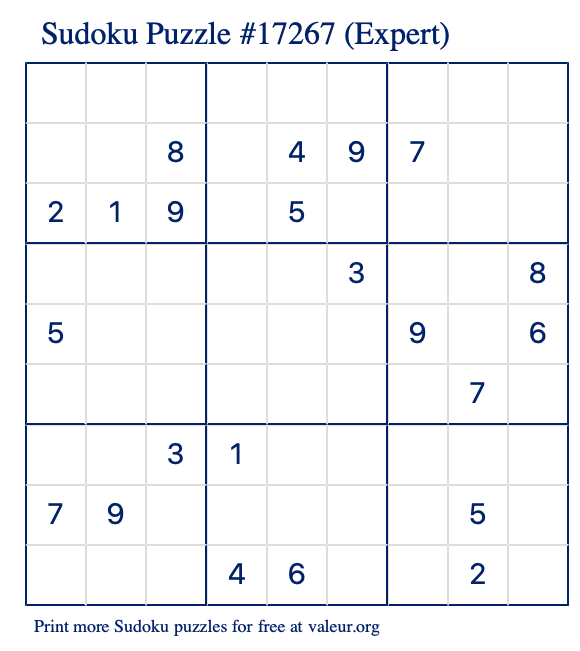 Free Printable Expert Sudoku Puzzle number 17267