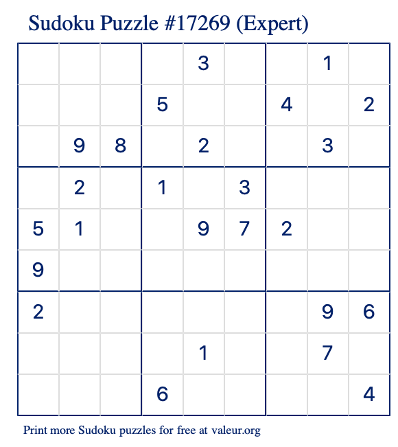 Free Printable Expert Sudoku Puzzle number 17269