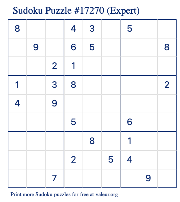 Free Printable Expert Sudoku Puzzle number 17270