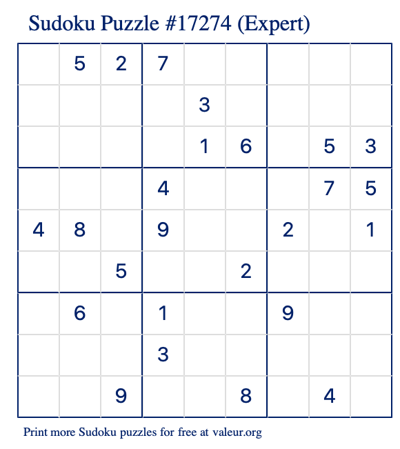 Free Printable Expert Sudoku Puzzle number 17274