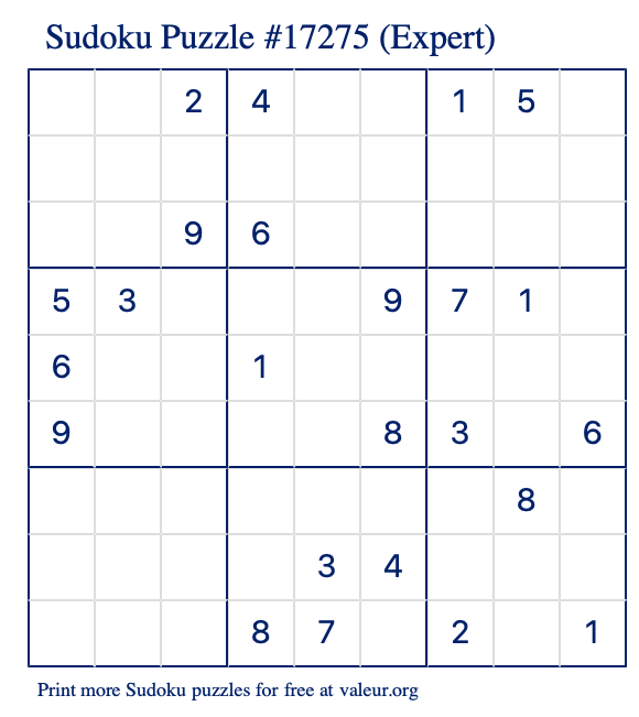 Free Printable Expert Sudoku Puzzle number 17275