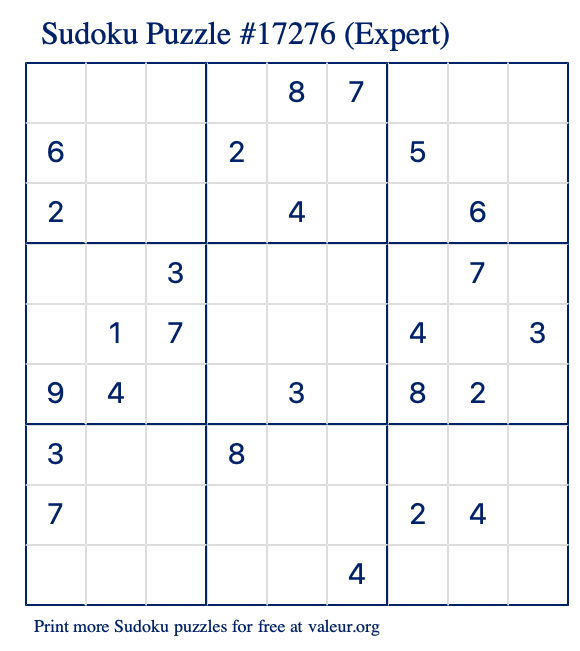 Free Printable Expert Sudoku Puzzle number 17276