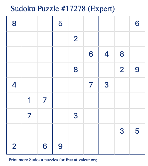 Free Printable Expert Sudoku Puzzle number 17278