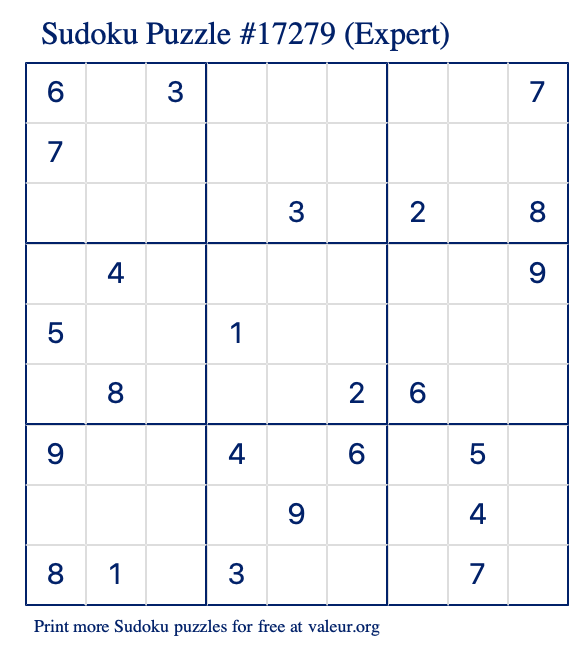 Free Printable Expert Sudoku Puzzle number 17279