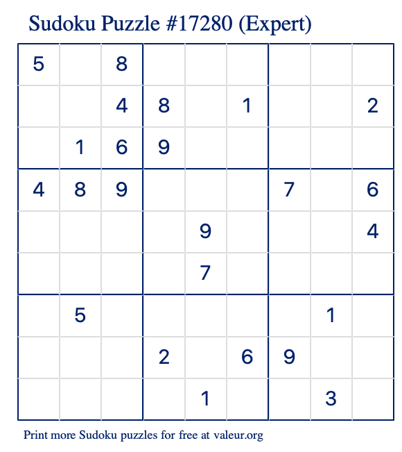 Free Printable Expert Sudoku Puzzle number 17280