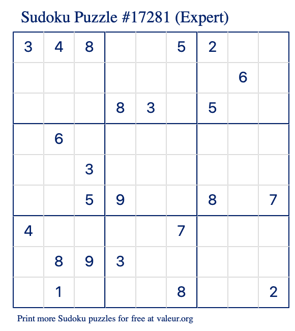 Free Printable Expert Sudoku Puzzle number 17281