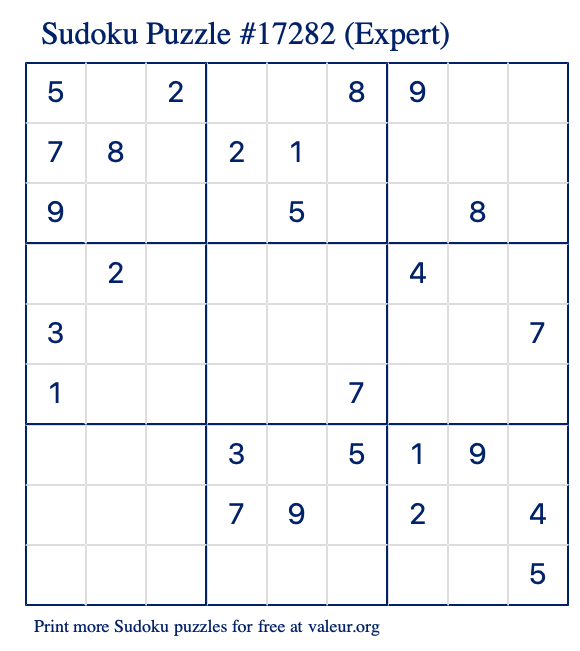 Free Printable Expert Sudoku Puzzle number 17282