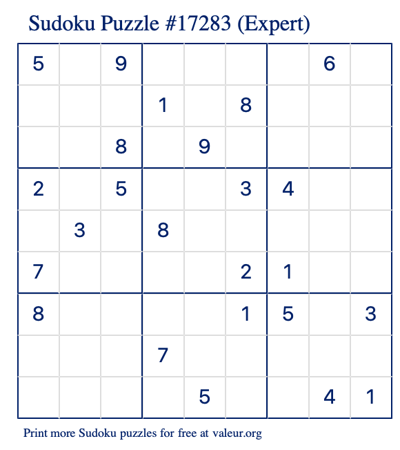 Free Printable Expert Sudoku Puzzle number 17283