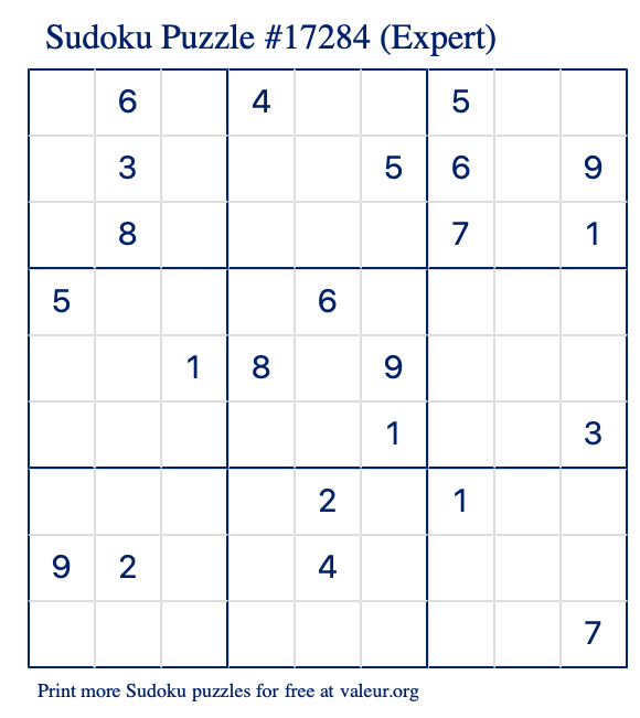 Free Printable Expert Sudoku Puzzle number 17284