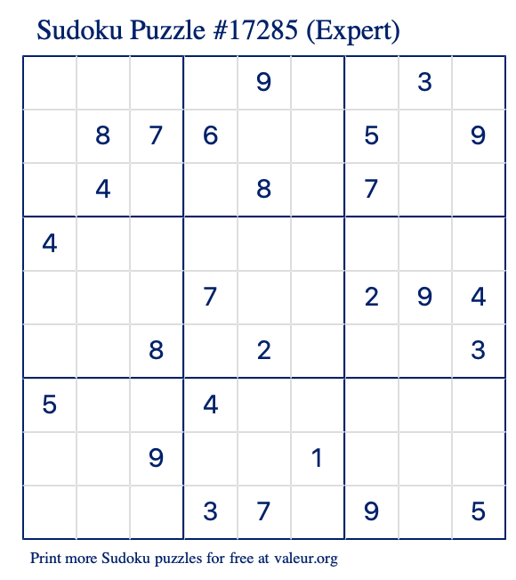 Free Printable Expert Sudoku Puzzle number 17285