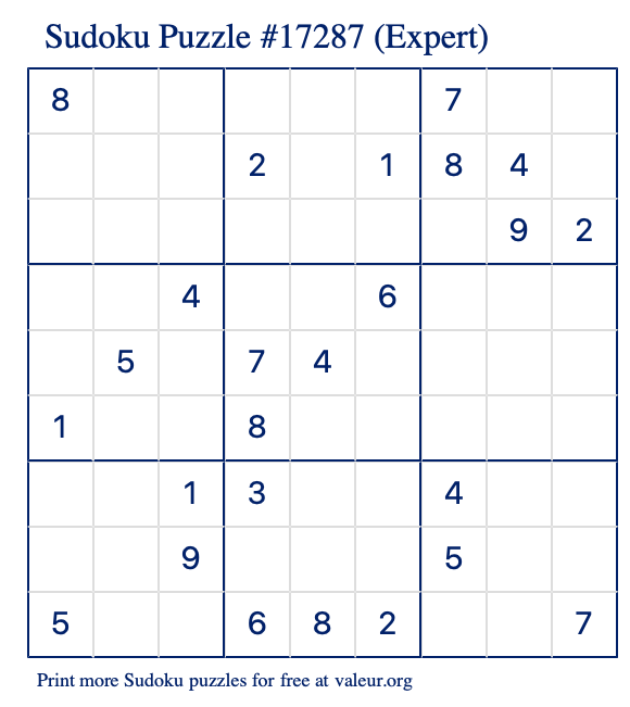 Free Printable Expert Sudoku Puzzle number 17287