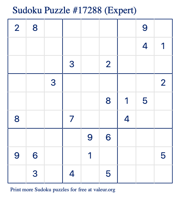 Free Printable Expert Sudoku Puzzle number 17288