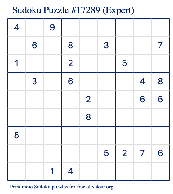 Free Printable Expert Sudoku Puzzle number 17289