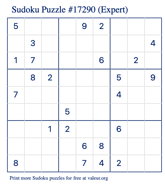 Free Printable Expert Sudoku Puzzle number 17290