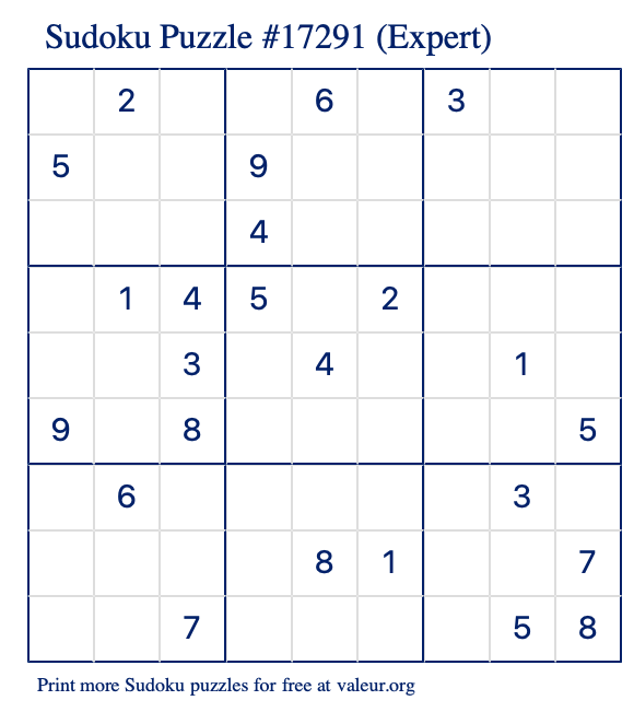 Free Printable Expert Sudoku Puzzle number 17291