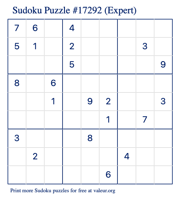 Free Printable Expert Sudoku Puzzle number 17292