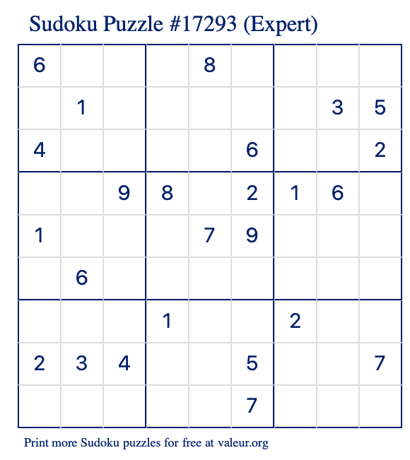 Free Printable Expert Sudoku Puzzle number 17293