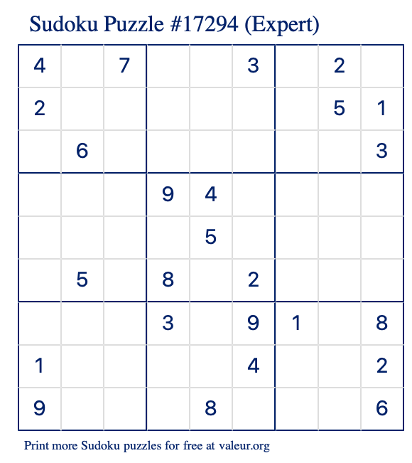 Free Printable Expert Sudoku Puzzle number 17294