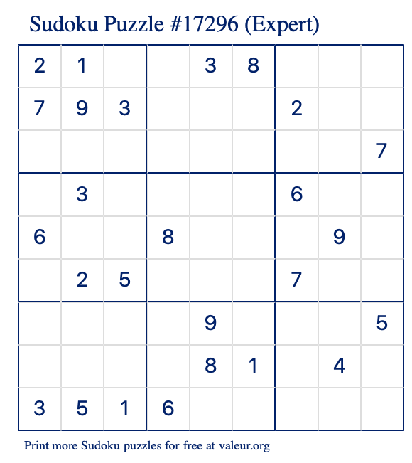 Free Printable Expert Sudoku Puzzle number 17296