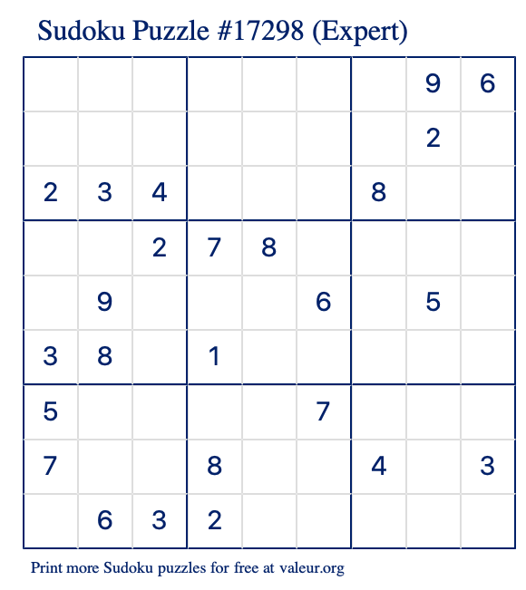 Free Printable Expert Sudoku Puzzle number 17298