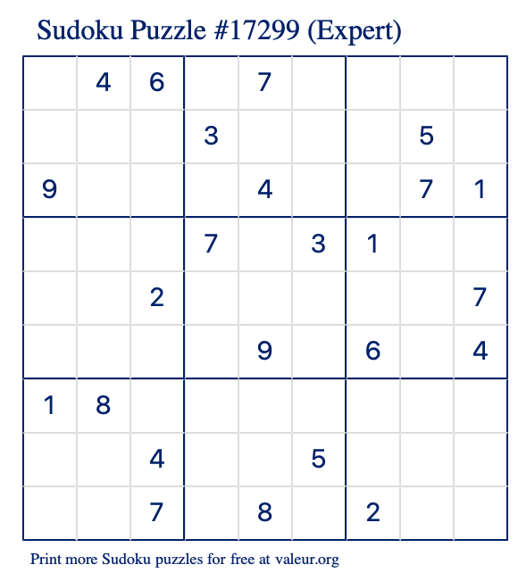 Free Printable Expert Sudoku Puzzle number 17299