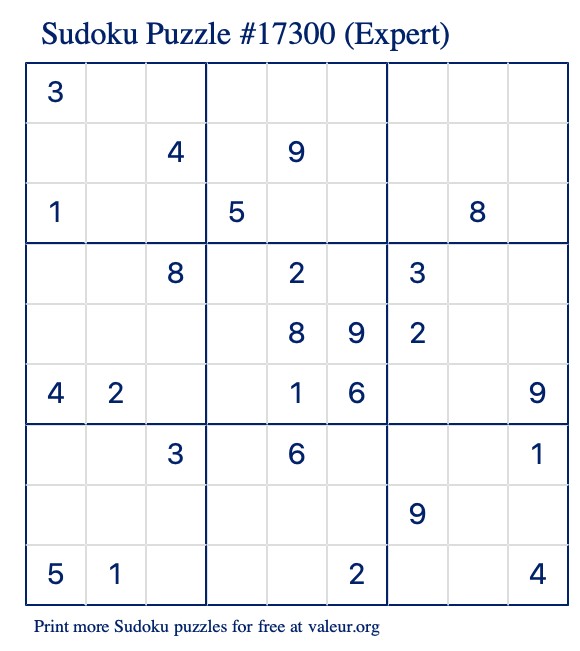 Free Printable Expert Sudoku Puzzle number 17300