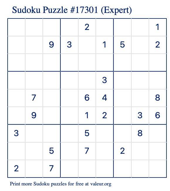 Free Printable Expert Sudoku Puzzle number 17301