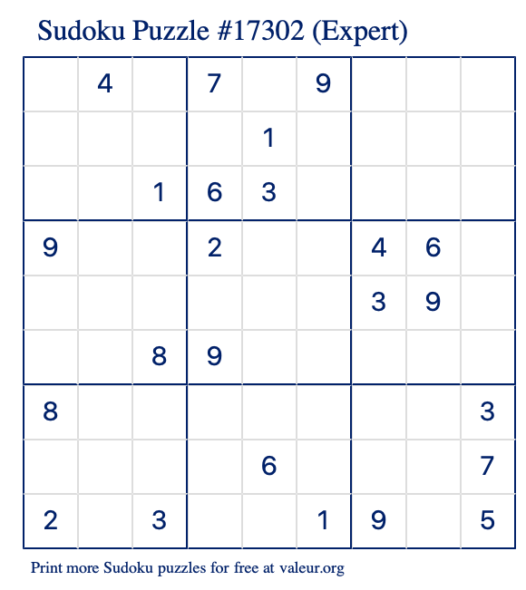 Free Printable Expert Sudoku Puzzle number 17302