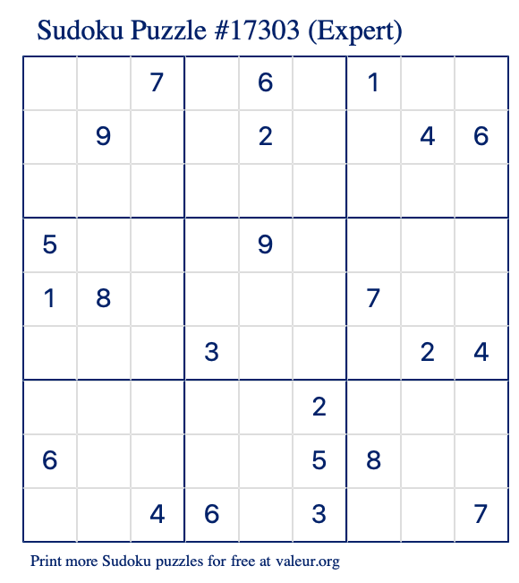 Free Printable Expert Sudoku Puzzle number 17303