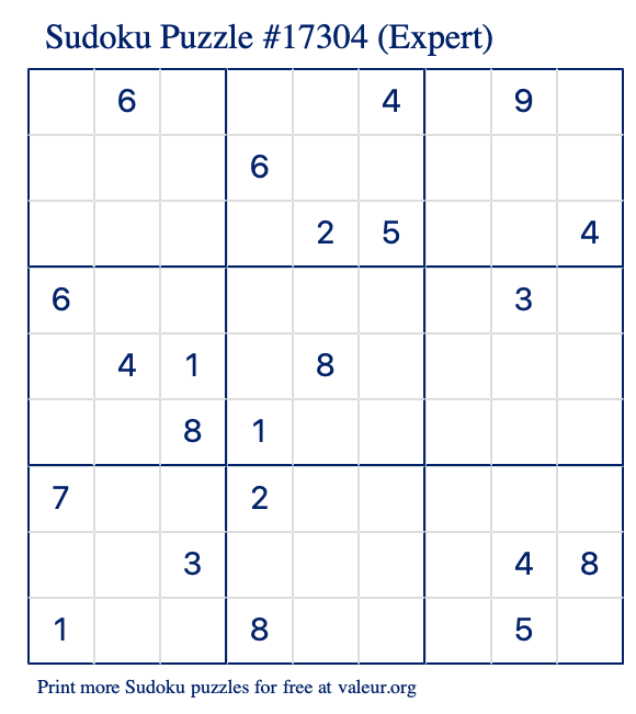 Free Printable Expert Sudoku Puzzle number 17304