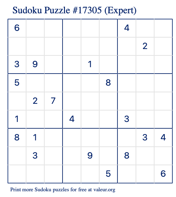 Free Printable Expert Sudoku Puzzle number 17305