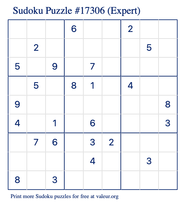 Free Printable Expert Sudoku Puzzle number 17306