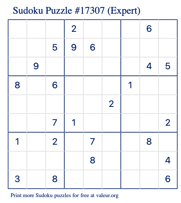 Free Printable Expert Sudoku Puzzle number 17307