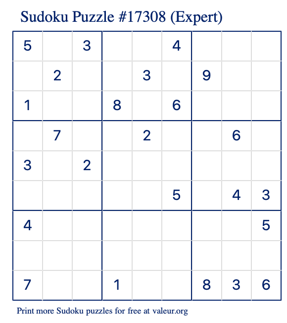 Free Printable Expert Sudoku Puzzle number 17308